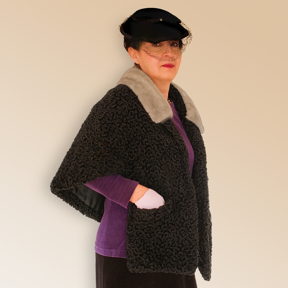 Vintage black curly lamb cape